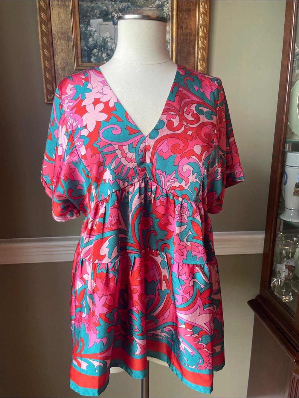 entro Pink & Teal Floral V-Neck Tunic